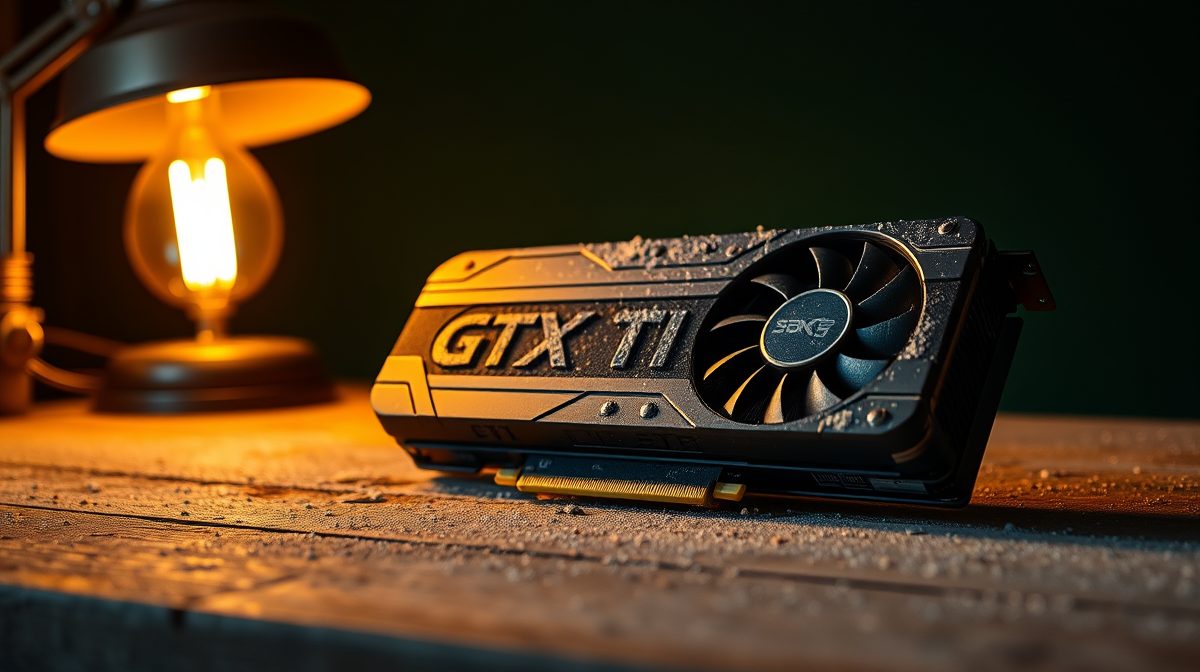 An old graphics card covered in dust, on a workbench